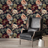 Moody Peony Botanical Wallpaper – Dark Peel-and-Stick Bedroom Accent Wall Design