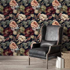 Moody Peony Botanical Wallpaper – Dark Peel-and-Stick Bedroom Accent Wall Design