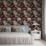 Moody Peony Botanical Wallpaper – Dark Peel-and-Stick Bedroom Accent Wall Design