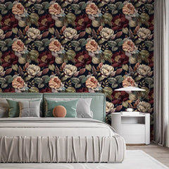 Moody Peony Botanical Wallpaper – Dark Peel-and-Stick Bedroom Accent Wall Design