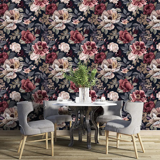Luxury Dark Floral Navy Burgundy Wallpaper – Elegant Peel-and-Stick Accent Wall