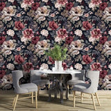 Luxury Dark Floral Navy Burgundy Wallpaper – Elegant Peel-and-Stick Accent Wall