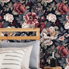 Luxury Dark Floral Navy Burgundy Wallpaper – Elegant Peel-and-Stick Accent Wall