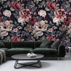 Luxury Dark Floral Navy Burgundy Wallpaper – Elegant Peel-and-Stick Accent Wall