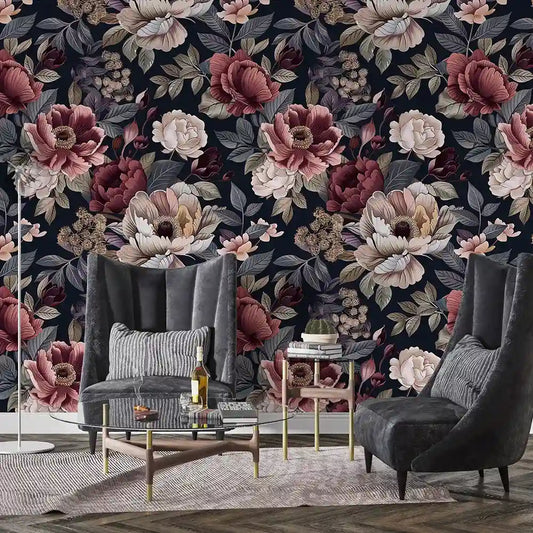 Luxury Dark Floral Botanical Wallpaper Navy Burgundy Elegant Design