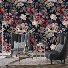 Luxury Dark Floral Navy Burgundy Wallpaper – Elegant Peel-and-Stick Accent Wall