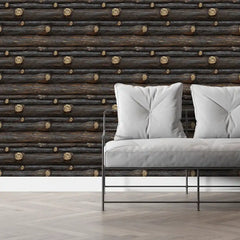 Dark Rustic Wood Log Wallpaper – Cabin Style Peel-and-Stick Bedroom Living Room