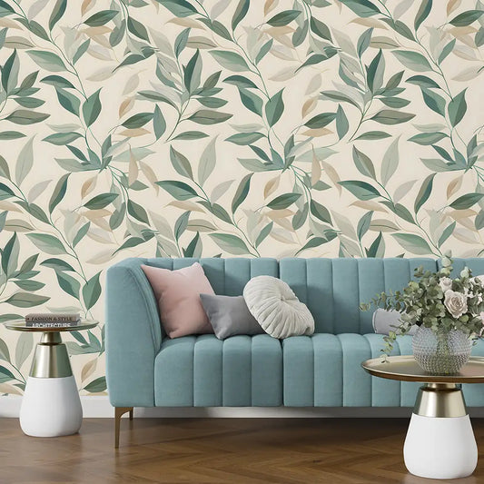 Neutral Beige Sage Leaf Minimal Modern Wallpaper