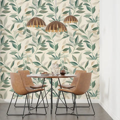 Neutral Beige Sage Leaf Wallpaper – Calm Peel-and-Stick Bedroom Office Design