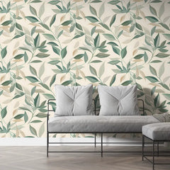 Neutral Beige Sage Leaf Wallpaper – Calm Peel-and-Stick Bedroom Office Design