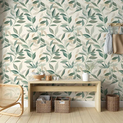 Neutral Beige Sage Leaf Wallpaper – Calm Peel-and-Stick Bedroom Office Design
