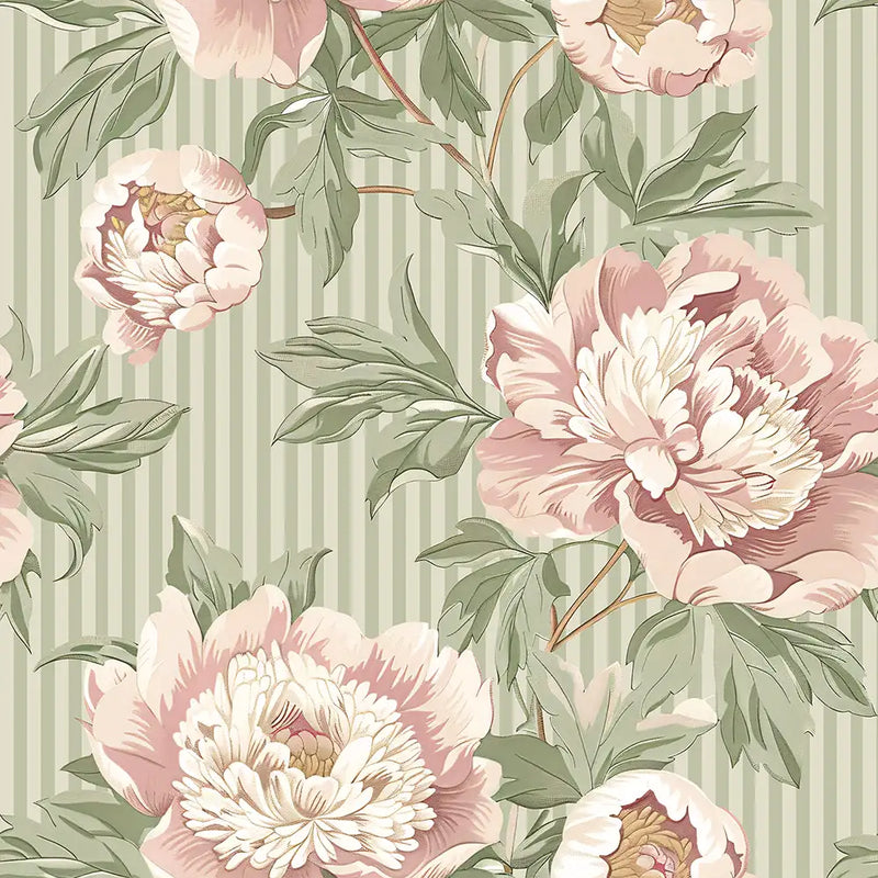 Vintage Blush Peony Sage Stripe Wallpaper – Peel-and-Stick Bedroom Living Room Design