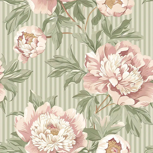 Vintage Blush Peony Floral Sage Stripe Wallpaper