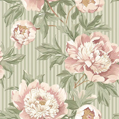 Vintage Blush Peony Sage Stripe Wallpaper – Peel-and-Stick Bedroom Living Room Design