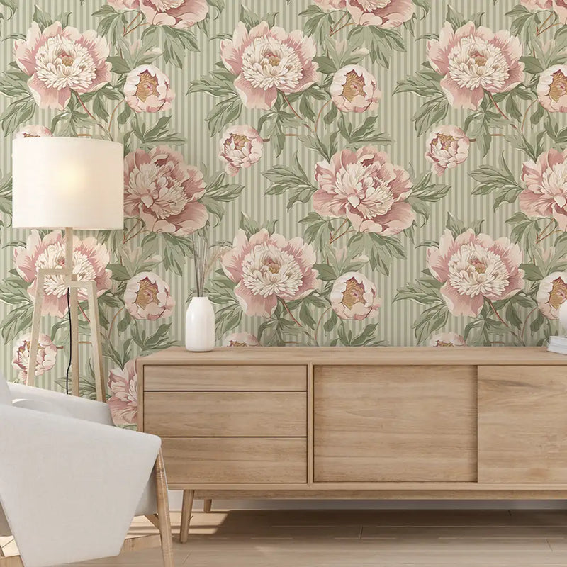 Vintage Blush Peony Sage Stripe Wallpaper – Peel-and-Stick Bedroom Living Room Design