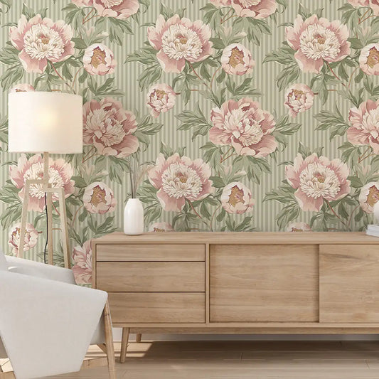 Vintage Blush Peony Floral Sage Stripe Wallpaper