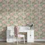 Vintage Blush Peony Sage Stripe Wallpaper – Peel-and-Stick Bedroom Living Room Design
