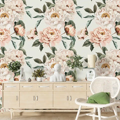 Elegant Blush Peony Floral Wallpaper – Peel-and-Stick Modern Bedroom Design