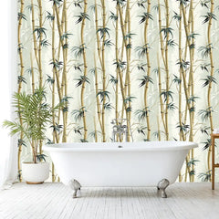 Botanical Bamboo Wallpaper – Minimal Natural Peel-and-Stick Bedroom Design