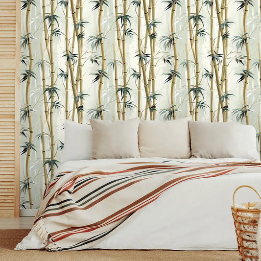 Botanical Bamboo Wallpaper – Minimal Natural Peel-and-Stick Bedroom Design
