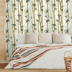 Botanical Bamboo Wallpaper – Minimal Natural Peel-and-Stick Bedroom Design