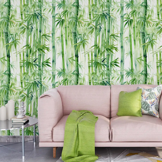 Green Bamboo Watercolor Wallpaper – Natural Peel-and-Stick Bedroom Office Design