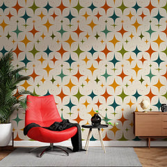 Mid Century Modern Retro Starburst Wallpaper – Geometric Peel-and-Stick Design