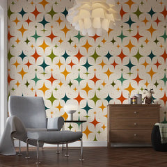 Mid Century Modern Retro Starburst Wallpaper – Geometric Peel-and-Stick Design