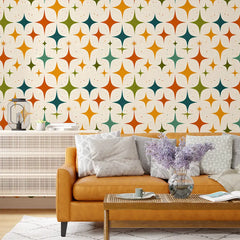 Mid Century Modern Retro Starburst Wallpaper – Geometric Peel-and-Stick Design