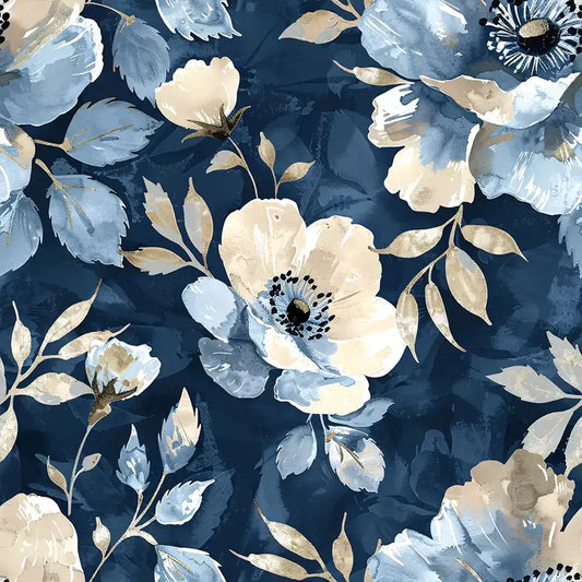 Navy Blue Watercolor Floral Wallpaper Gold Beige Botanical Elegant Design