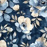 Navy Blue Watercolor Floral Gold Wallpaper – Elegant Botanical Peel-and-Stick Design
