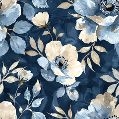 Navy Blue Watercolor Floral Gold Wallpaper – Elegant Botanical Peel-and-Stick Design
