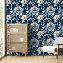 Navy Blue Watercolor Floral Gold Wallpaper – Elegant Botanical Peel-and-Stick Design