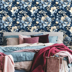 Navy Blue Watercolor Floral Gold Wallpaper – Elegant Botanical Peel-and-Stick Design