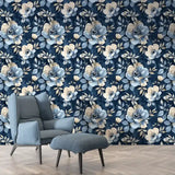 Navy Blue Watercolor Floral Gold Wallpaper – Elegant Botanical Peel-and-Stick Design