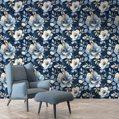 Navy Blue Watercolor Floral Gold Wallpaper – Elegant Botanical Peel-and-Stick Design