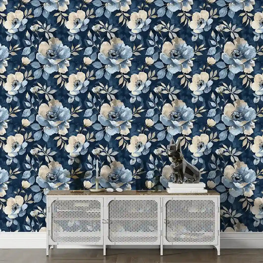 Navy Blue Watercolor Floral Wallpaper Gold Beige Botanical Elegant Design