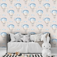 Blue Hot Air Balloon Wallpaper – Nursery Kids Room Peel-and-Stick Removable Design