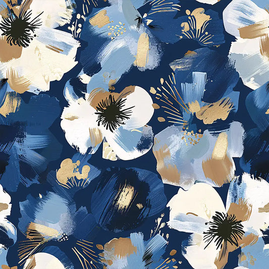 Abstract Navy Blue Floral Wallpaper Gold Brushstroke Modern Botanical Design