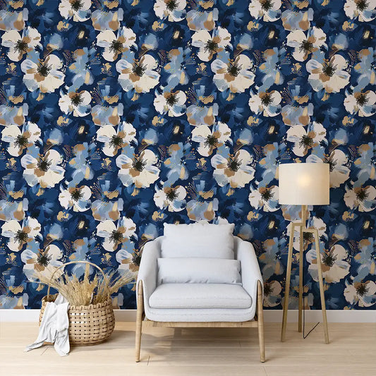 Abstract Navy Blue Floral Wallpaper Gold Brushstroke Modern Botanical Design