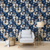 Abstract Navy Blue Floral Gold Brushstroke Wallpaper – Modern Peel-and-Stick Design