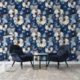 Abstract Navy Blue Floral Gold Brushstroke Wallpaper – Modern Peel-and-Stick Design