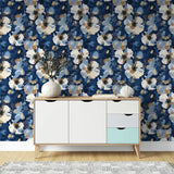 Abstract Navy Blue Floral Gold Brushstroke Wallpaper – Modern Peel-and-Stick Design