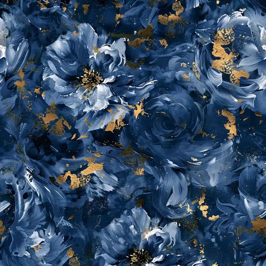 Luxury Navy Blue Abstract Floral Wallpaper Gold Accent Modern Botanical Design