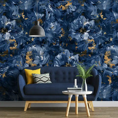 Luxury Navy Abstract Floral Gold Wallpaper – Modern Botanical Peel-and-Stick Design