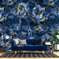 Luxury Navy Abstract Floral Gold Wallpaper – Modern Botanical Peel-and-Stick Design