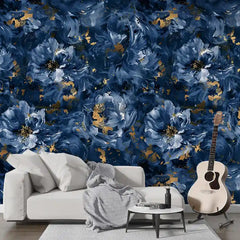 Luxury Navy Abstract Floral Gold Wallpaper – Modern Botanical Peel-and-Stick Design