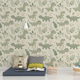 Sage Dinosaur Wallpaper – Calm Green Kids Room Peel-and-Stick Removable Design