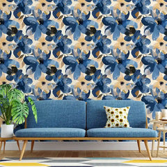Navy Blue Floral Beige Gold Botanical Wallpaper – Peel-and-Stick Modern Design