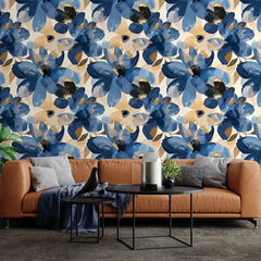 Navy Blue Floral Beige Gold Botanical Wallpaper – Peel-and-Stick Modern Design